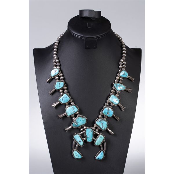 Beaded Silver & Turquoise Squash Blossom Necklace, Ca. 1960s