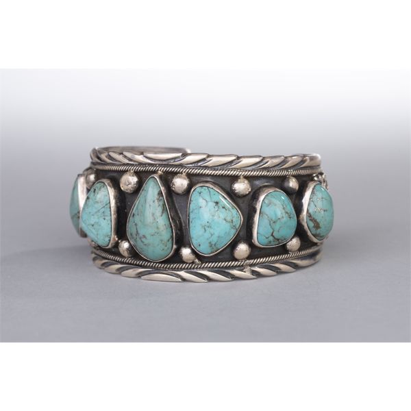 James Livingston, Navajo Sterling Silver Bracelet with 7 Turquoise Stones
