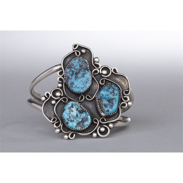 Navajo Sterling Silver Bracelet with 3 Turquoise Stones