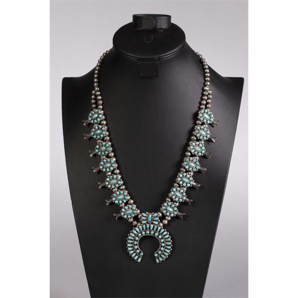 Zuni Turquoise Cluster Squash Blossom Necklace, Ca. 1950s