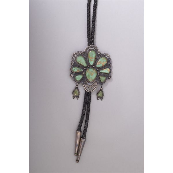 Old Pawn Navajo Bolo Tie with 10 Green Turquoise Stones 