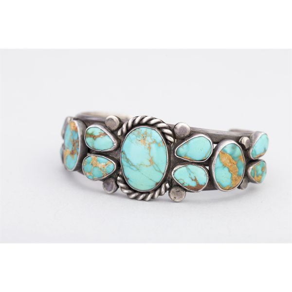 Historic Navajo Cuff of Brilliant Blue Turquoise Cabochons, Ca. 1930s