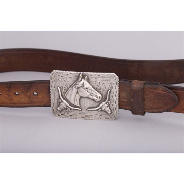 Vintage Belt with Sterling Silver Horsehead & Longhorn Buckle, Ruby Eye, Ca. 1940s