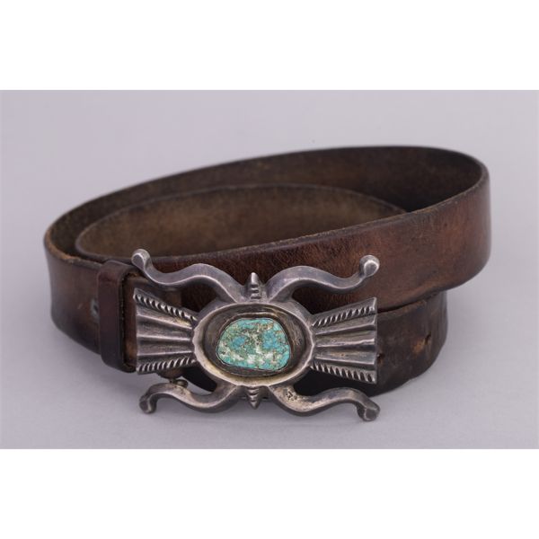 Vintage Belt with Navajo Sandcast Buckle with Large Center Stone, Ca. 1940s