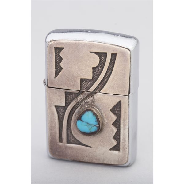 Five Barrel Zippo Lighter with Hopi Overlay Bisbee Turquoise, Ca. 1950s