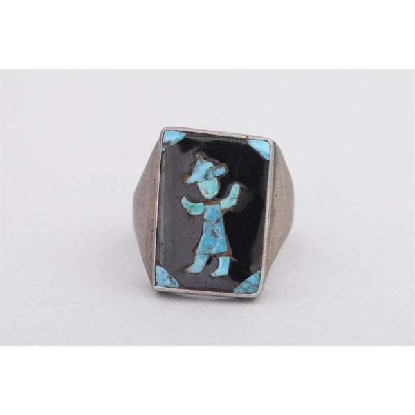 John Gordon Leek, Zuni Inlaid Mens Ring withTurquoise & Jet, Ca. 1950s