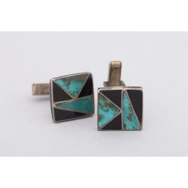 Zuni Inlaid Post Cuff Links, Turquoise & Jet, Ca. 1950s