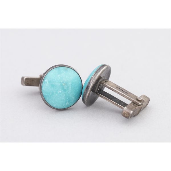 Navajo Turquoise Cabachon Sterling Post Cuff Links, Ca. 1950s