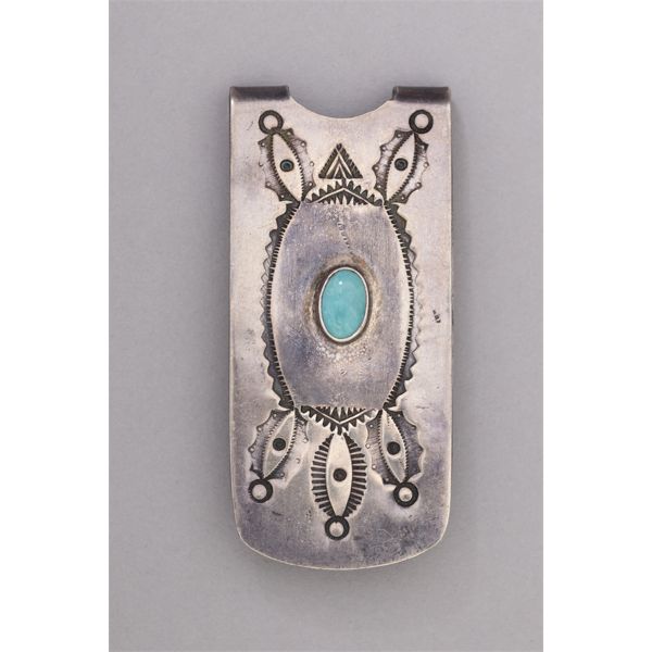 Vintage Navajo Stamped Sterling Money Clip with Turquoise Center Stone, Ca. 1950s