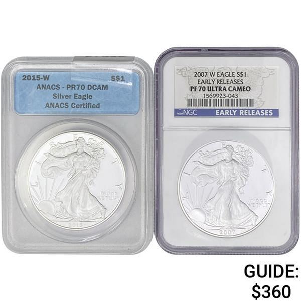 [2] 2007&2015 Silver Eagle ANACS/NGC PF70