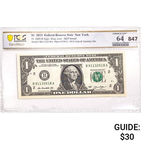 2013 $1 Fed Reserve Note New York PCGS Ch UNC 64
