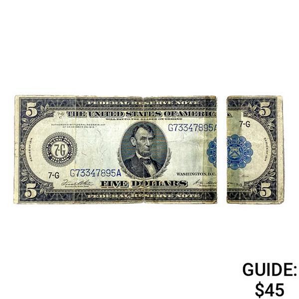 1914 $5 Fed. Reserve Note Torn
