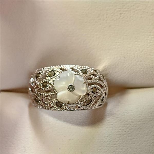 Silver Marcasite Mother Of Pearl Ring (~Size 6)RING (~weight 6.34g), Suggested Retail Value $150