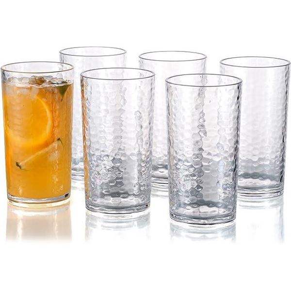 20-ounce Acrylic Glasses Plastic Tumbler, set of 6 Clear - Hammered Style, Dishwasher Safe, BPA Free