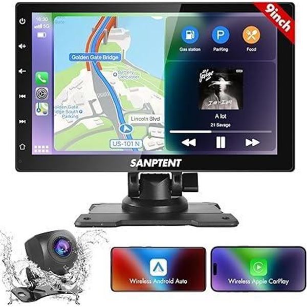 SANPTENT Wireless Apple CarPlay Dash Mount&Android Auto Portable Car Stereo, Drivemate Radio, 9'' FH