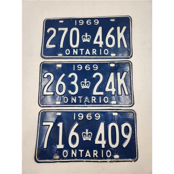 3 Vintage 1969 Ontario License Plates