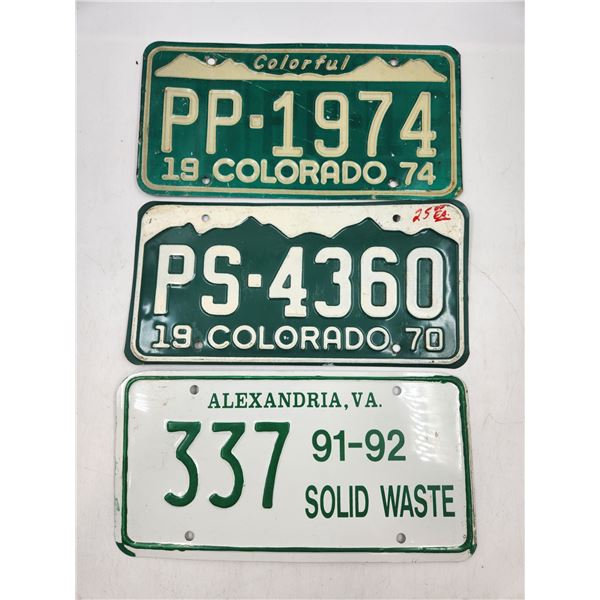 3 Vintage Colorado License Plates