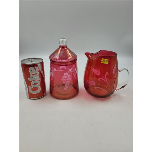 Vintage Red Grape Cluster Pitcher and Covered Bowl