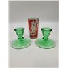 Image 1 : Pair of Green Depression Glass Candle Holders w/ Etched Floral Design