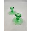 Image 2 : Pair of Green Depression Glass Candle Holders w/ Etched Floral Design