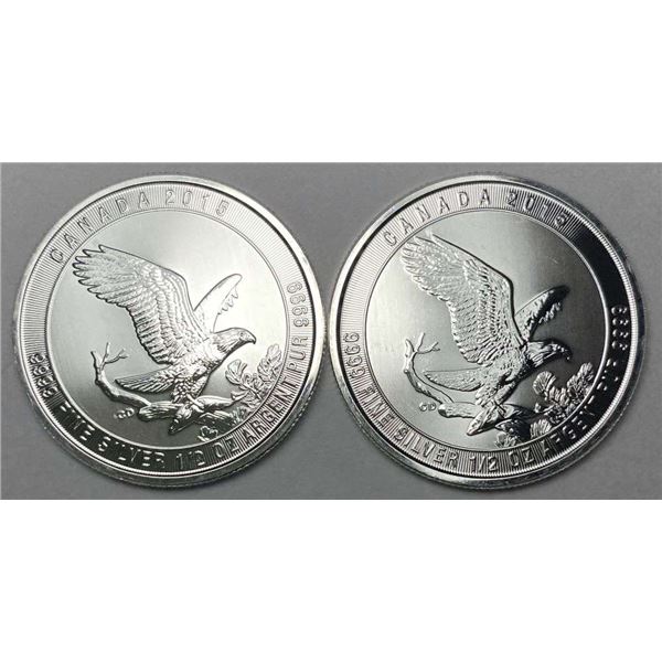 (2) 2015 Canada $2 Bald Eagle 1/2 ozt .9999 Silver