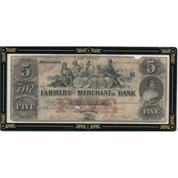 1854 United Stated Farmers' And Merchants' Bank Of Memphis $5 Note