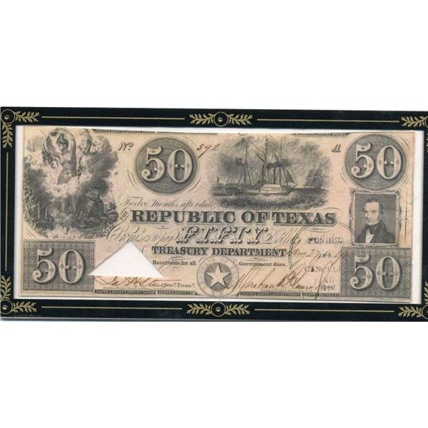 1840 United States Republic Of Texas $50 Treasury Department Note