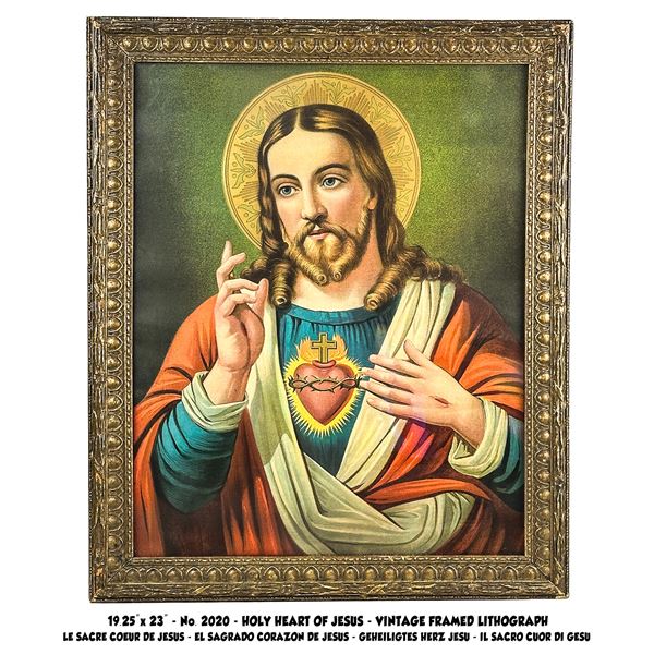 FRAMED VINTAGE HOLY HEART OF JESUS LITHOGRAPH