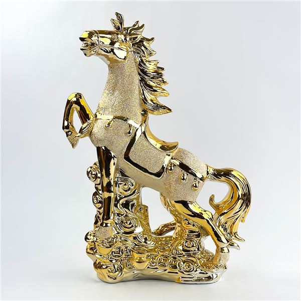 VTG CERAMIC GOLD TONE HORSE SCULPTURE - 16” TALL