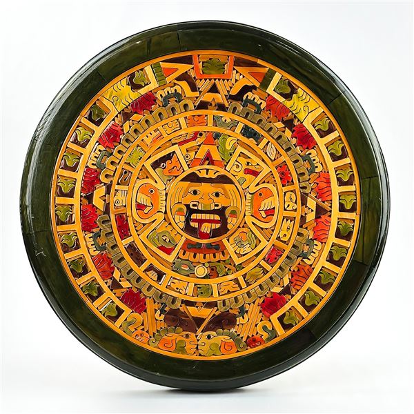 AZTEC MAYAN MOSAIC WOOD CALENDAR SCULPTURE