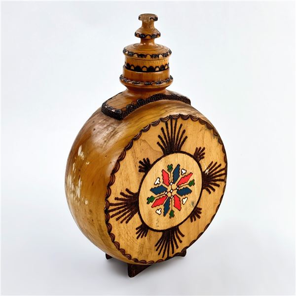 HAND CRAFTED CARVED WOODEN SCREW TOP FLASK