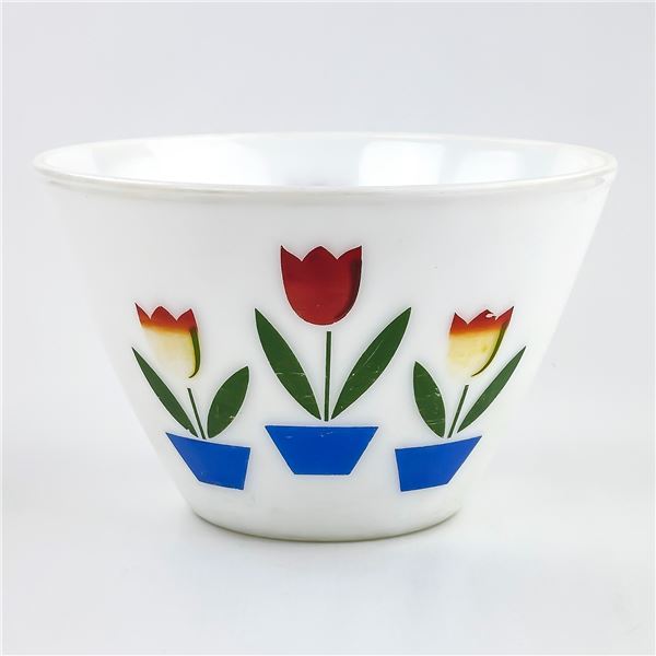 VTG MILK GLASS FIRE KING 9.5” MIXING BOWL - TULIPS