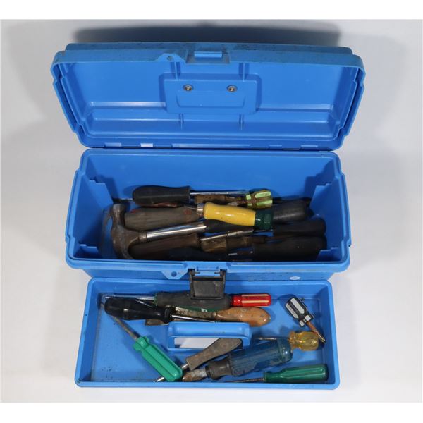 BLUE 17" PLASTIC TOOL BOX WITH CONTENTS
