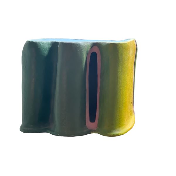 Artist unknown, Ceramic and oil, Untitled, green, yellow, blue undulation form, 10 ½ l x 8 w x 8 h "