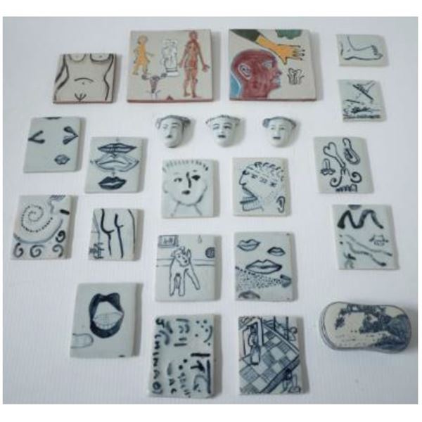 Artist unknown, Ceramic, Untitled, various hand painted tiles, figures, 18 ½ l x 6 ½ w x 6 ½ h "