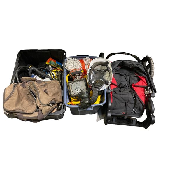 Group lot of baby stroller, bin w/ work lights, hearing PPF, hardhat, raingear, bin w/ bag, misc. to