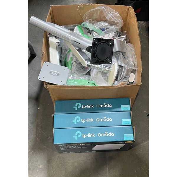 Box full of spare monitor mount components w/ 3 TP-link access points