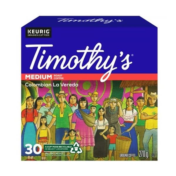 BOX OF 30 TIMOTHYS MEDIUM ROAST KEURIG COFFEE PODS