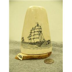 Ivory bark scrimshawed with ship and 2 Orcas mounted on bone by Homer Cole 5.25" tall retail value $