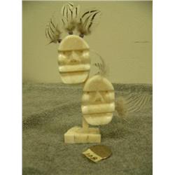 Pair of King Island masks mounted on ivory with feathers by Mark Seeganna 6.25" tall - some feathers