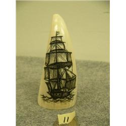 Whale tooth scrimshawed with a ship 4.25" (33)