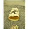 Image 7 : Ivory piece scrimshawed with cormorant and puffin with ivory face on top with inlayed baleen eyes by