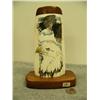 Image 1 : Scrimshawed ivory with wood base and backing with eagle head and flying eagle by E. Rumick 8" (33)