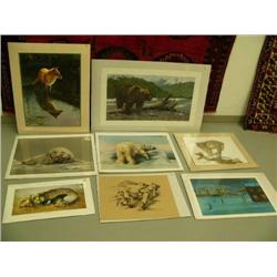 Lot of 12 shrink wrapped prints: double-matted print of a red fox by B. L. Marris; "New Arrivals" pr