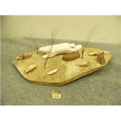 7 ivory carved animals: polar bear, walrus and seals mounted on bone with baleen hair by David Sodoo