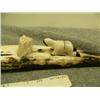 Image 2 : Old Ivory Walrus tusk mounted with 3 carved ivory seals being stalked by a crawling hunter, Savoonga
