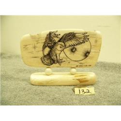 Scrimshawed ivory of owl mounted on ivory by Homer Cole 3.25" tall 4.5" retail value $555.00 (33)