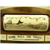 Image 2 : " Mark Well the Whale" scrimshawed whaling scene ivory piece on wood base 4.25" tall retail price $5