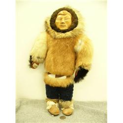 Doll with wood face and rabbit parka 18" tall (159)