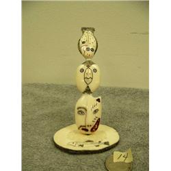 Halibut, owl and half man half fox ivory carving mounted on ivory scrimshawed with salmon 5" tall (3